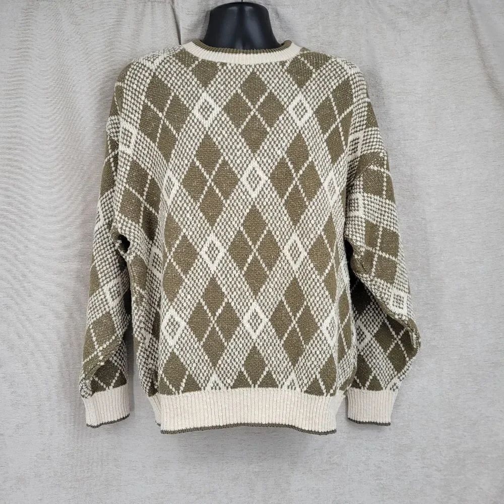 Trader Bay Vintage Argyle Knit Cotton Sweater Crewneck Sage Off White Men's L